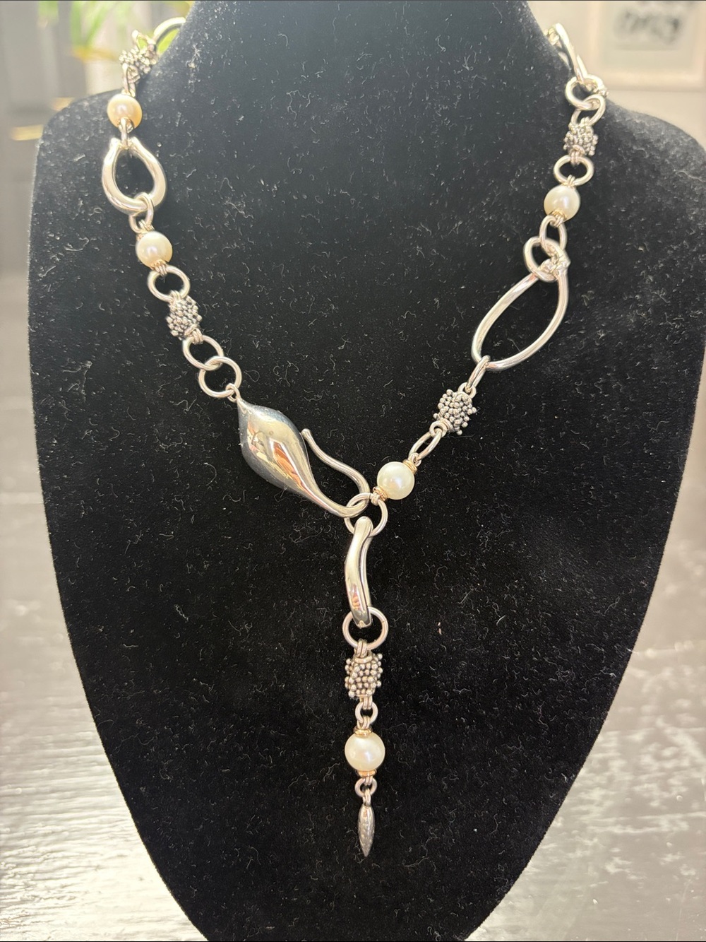 Michael Dawkins Sterling Silver & 14K & Pearl Lariat Necklace